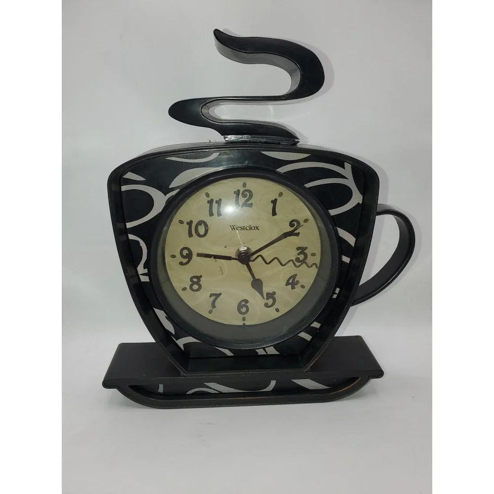 Westclox Coffee Cup Wall Clock Black White Steaming Mug Kitchen Decor 0820